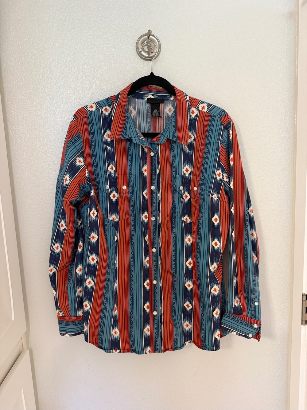 Wrangler Teal and Red Vertical Stripe Southwestern Button-Up Shirt